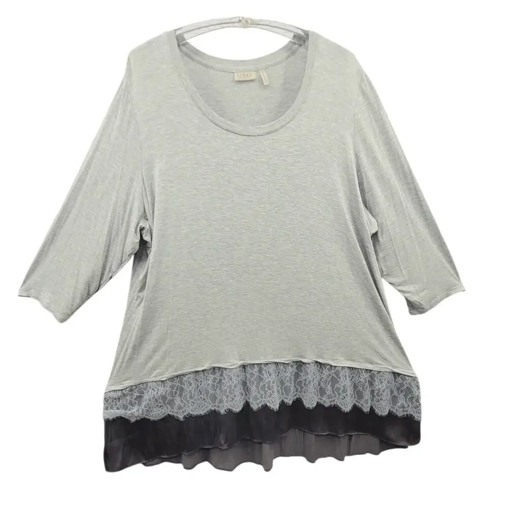 LOGO Lori Goldstein 3X Gray Knit Lace Hem Tunic Boho Layered Lagenlook Style